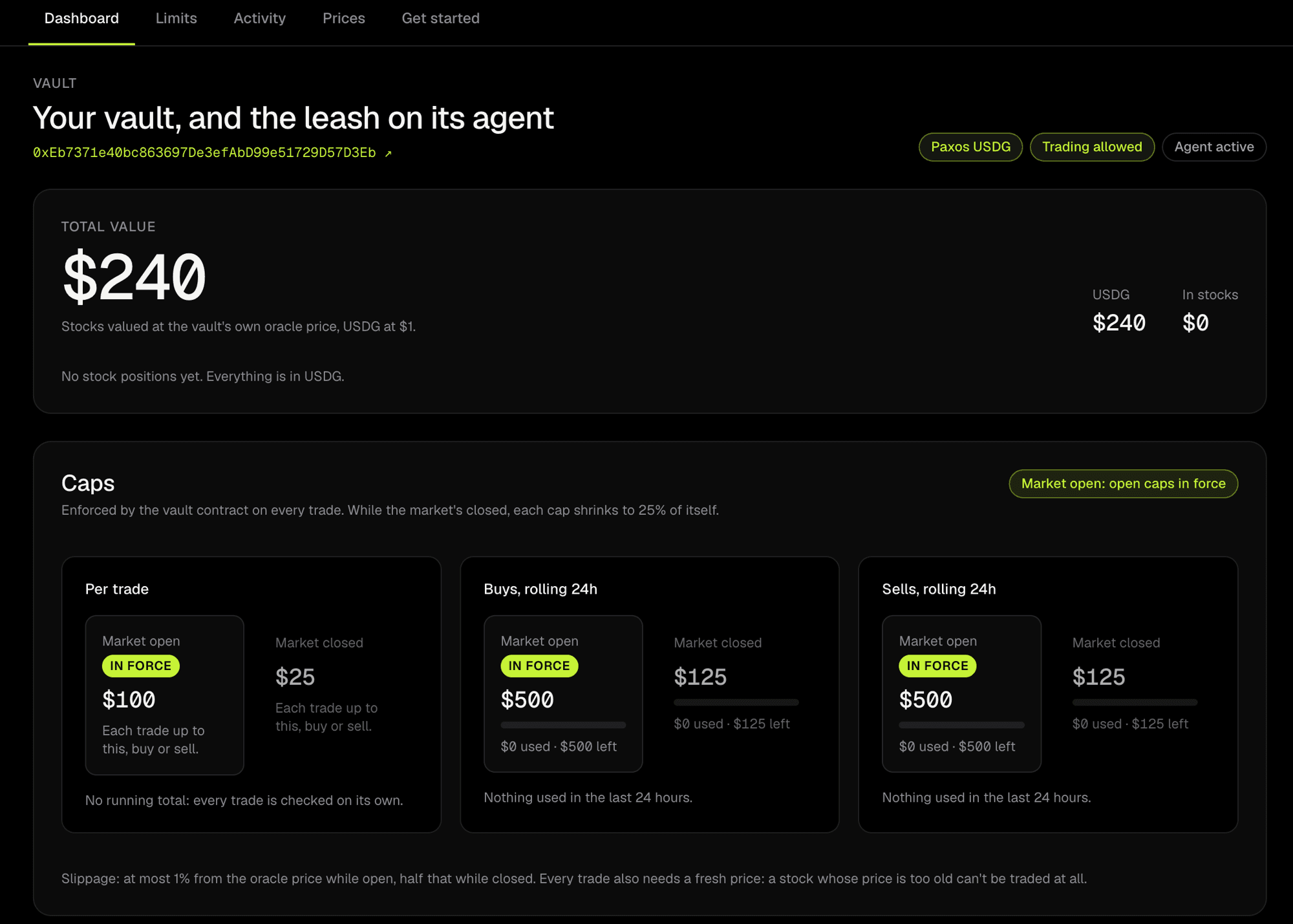 The Glance console dashboard: vault balance, holdings and the guards on the agent