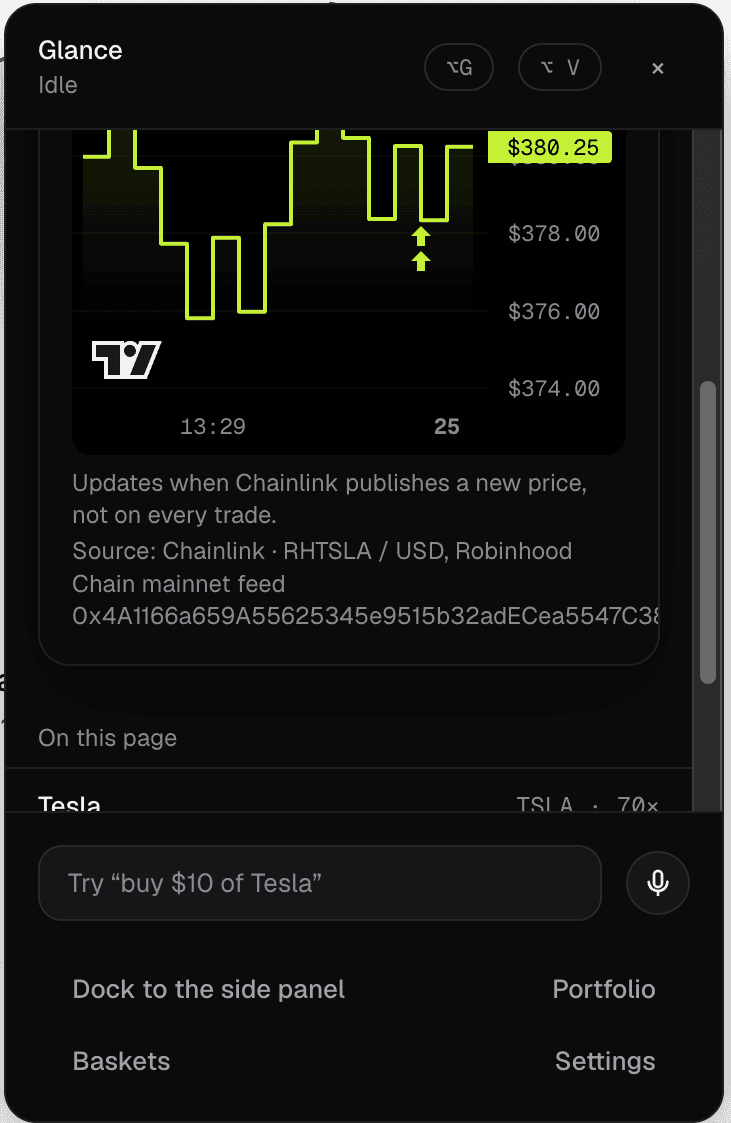 The Glance panel with a live price chart